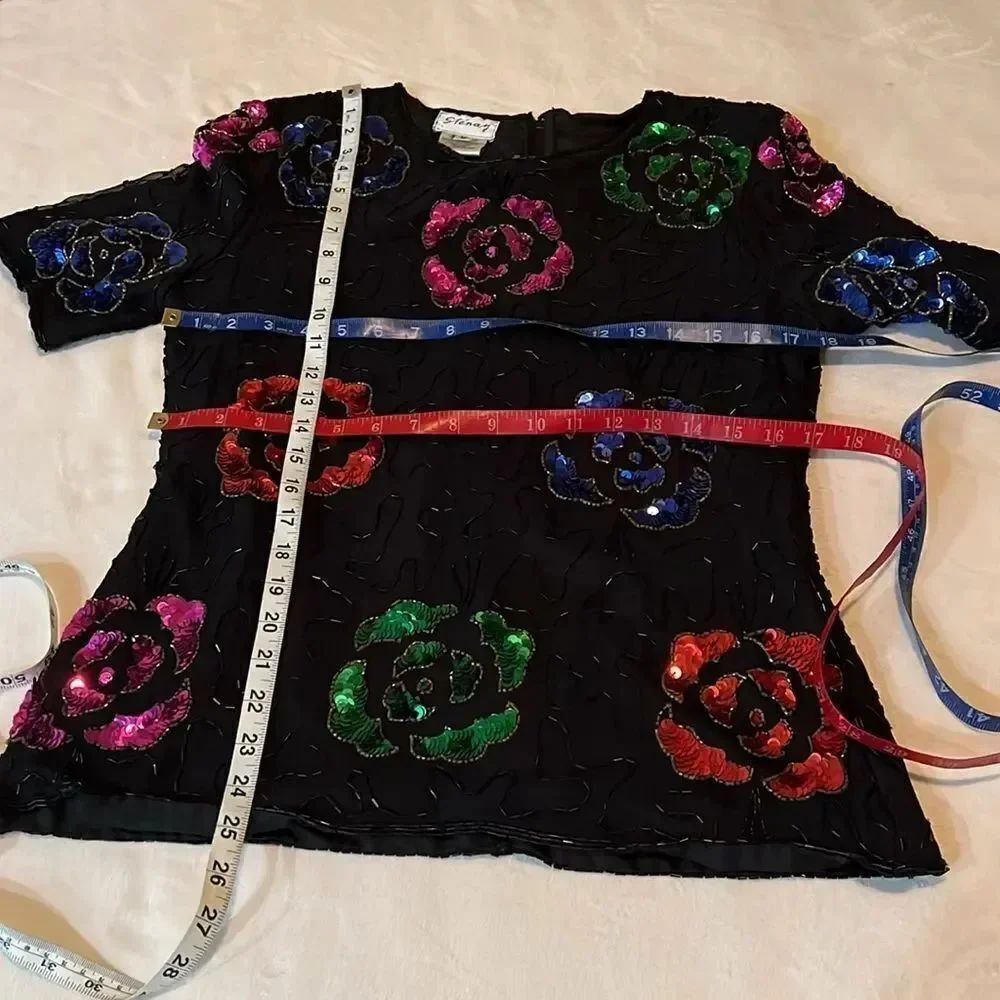 Vintage Stenay Womens Top Sz M Short Sleeve Sequin Beaded Scoop Neck Formal